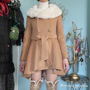 Tan Double-Breasted Princess Coat with High-Low Skirt and Ivory Faux Fur Collar